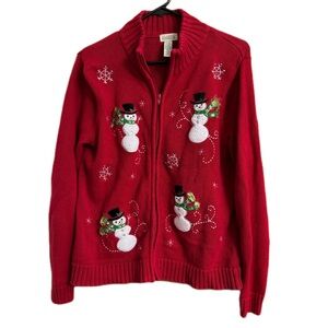 Classic elements ugly Christmas winter snowman full zip sweater, womens medium